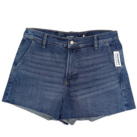Old Navy Sky Hi A Line Denim Shorts Size 10 Raw Hems Blue Secret Smooth Pockets - Picture 1 of 7